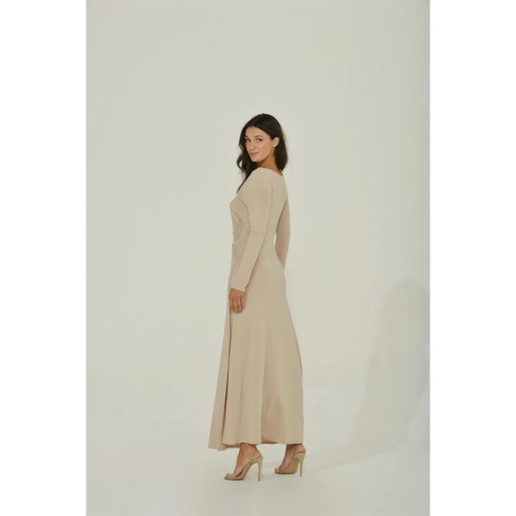 Beige Maxi Dress w/ High Slit | Long Sleeve | NWT | Fitted - Picture 5 of 6
